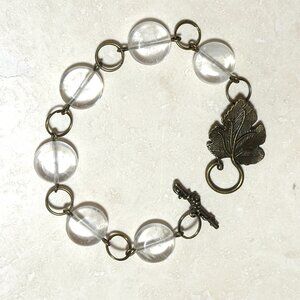 2/20, Natural Clear Quartz Bracelet, Genuine Gemstone + Bronze Grape Leaf